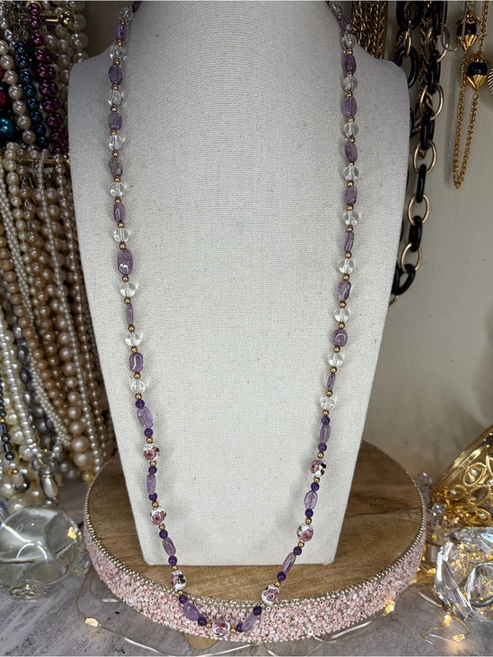 Jewelry - Glass Cloisonné Beaded Necklace Purple Floral Jewelry 28” Strand